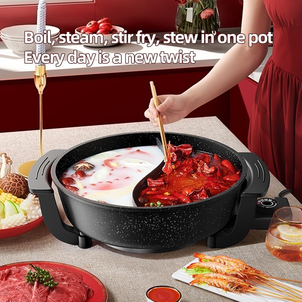 AORAN 6L Electric Hot Pot, Non-Stick Smokeless Cooking Pot with Divider for Hot Pot, Fondue, Shabu Shabu, Multi-Function, Includes Ladle, Tongs, Oil Brush, Food Tongs, Easy to Clean Black