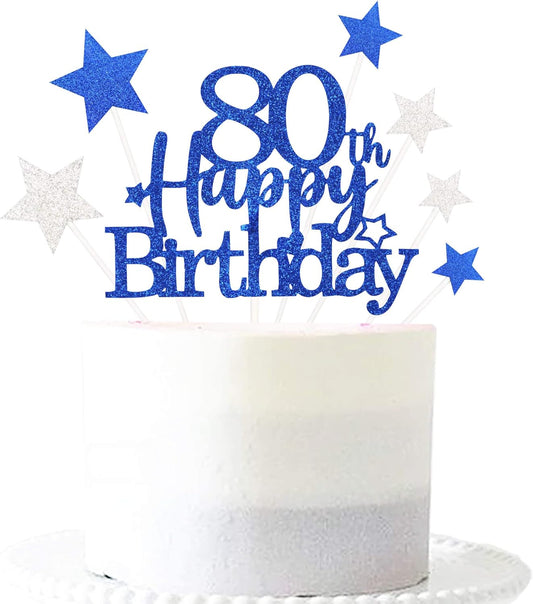 Glittery 80th Happy Birthday Cake Topper with Star,Personalised 80 Birthday Cake Toppers Party Decorations Party Supplies for Men Women Blue