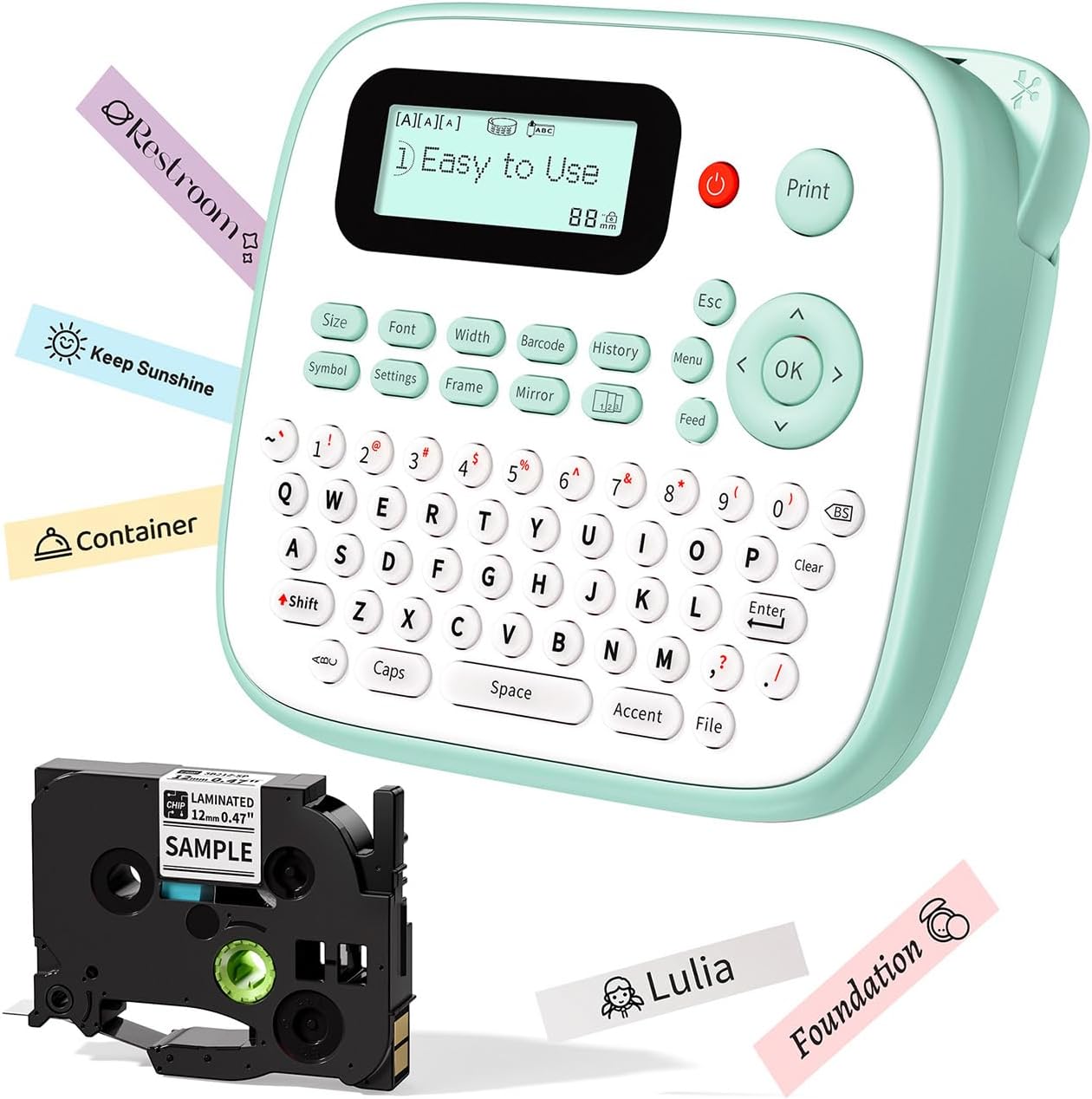 D210S Kids Label Maker, Label Maker Machine with Waterproof-Labels, Portable Keyboard Labeler Machine with-Tape 12mm 0.47 Laminated White, Multiple Symbols for Home Garden Office School Kids Use