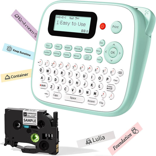 D210S Kids Label Maker, Label Maker Machine with Waterproof-Labels, Portable Keyboard Labeler Machine with-Tape 12mm 0.47 Laminated White, Multiple Symbols for Home Garden Office School Kids Use