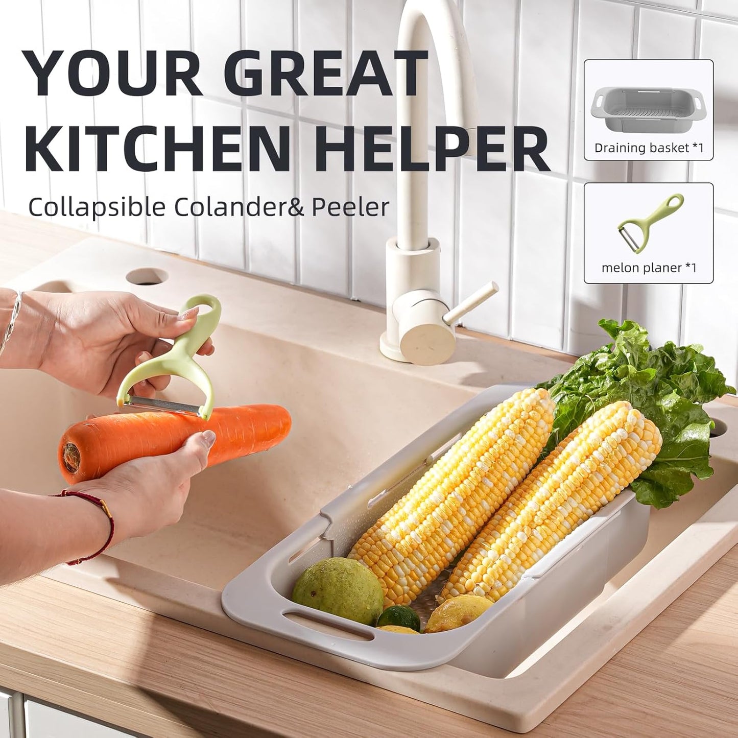 Extended Long Over the Sink Colander, Wash Vegetables Fruits Collapsible Colander Strainer, 14.5"-19.3" Extendable Kitchen Sink Accessories for Dishes Drying, Vegetable Basket, with Peeler