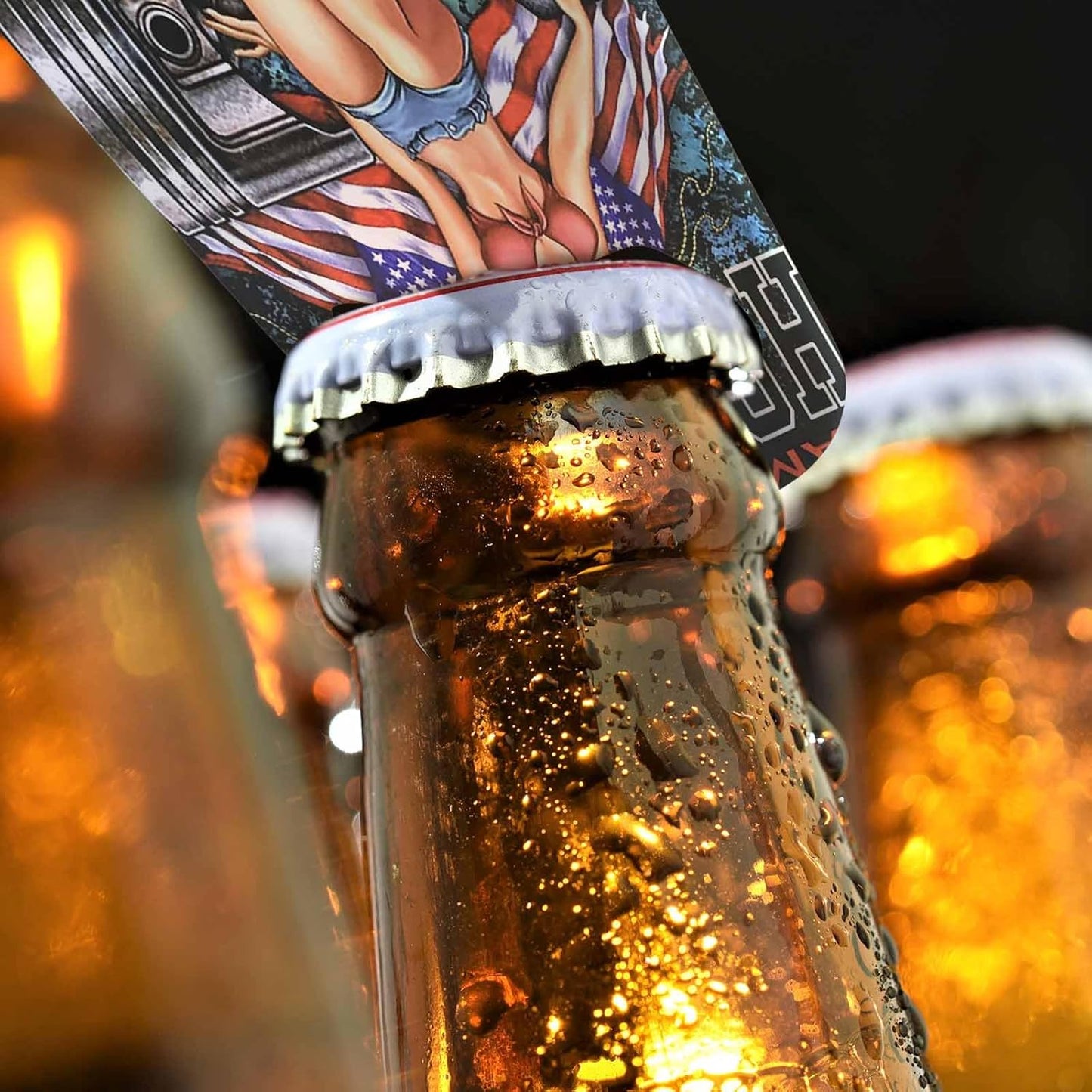 Hot Rod Pin Up Girl Stainless Steel Bottle Opener Young Sexy Woman Sit on Rods with American Flag Flat Beer Bottle Opener Keychain for Home Kitchen Bar Restaurant Party Birthday Gift