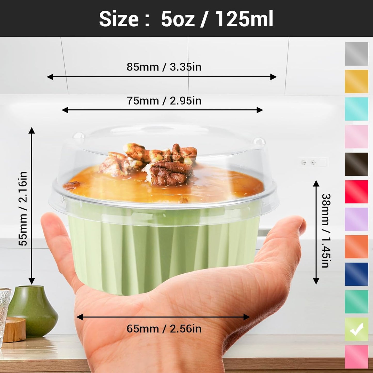 EUSOAR Foil Cupcake Wrappers, 30pcs 5oz Disposable Aluminum Foil Baking Cups Containers with Lids, Dessert Cups with Lids Mini Aluminum Cheesecake Pan Creme Brulee Ramekins-Mustard