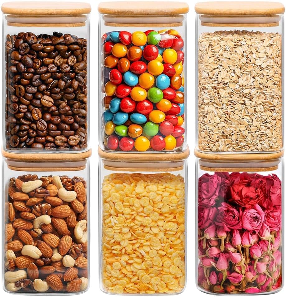 ComSaf 1.2 QT Glass Storage Containers with Lids, Glass Jars with Lids, Clear Food Jar, Square Canister Set of 6, Pantry Organizers and Storage for Cookie Flour Oat Pasta Tea Coffee Bean
