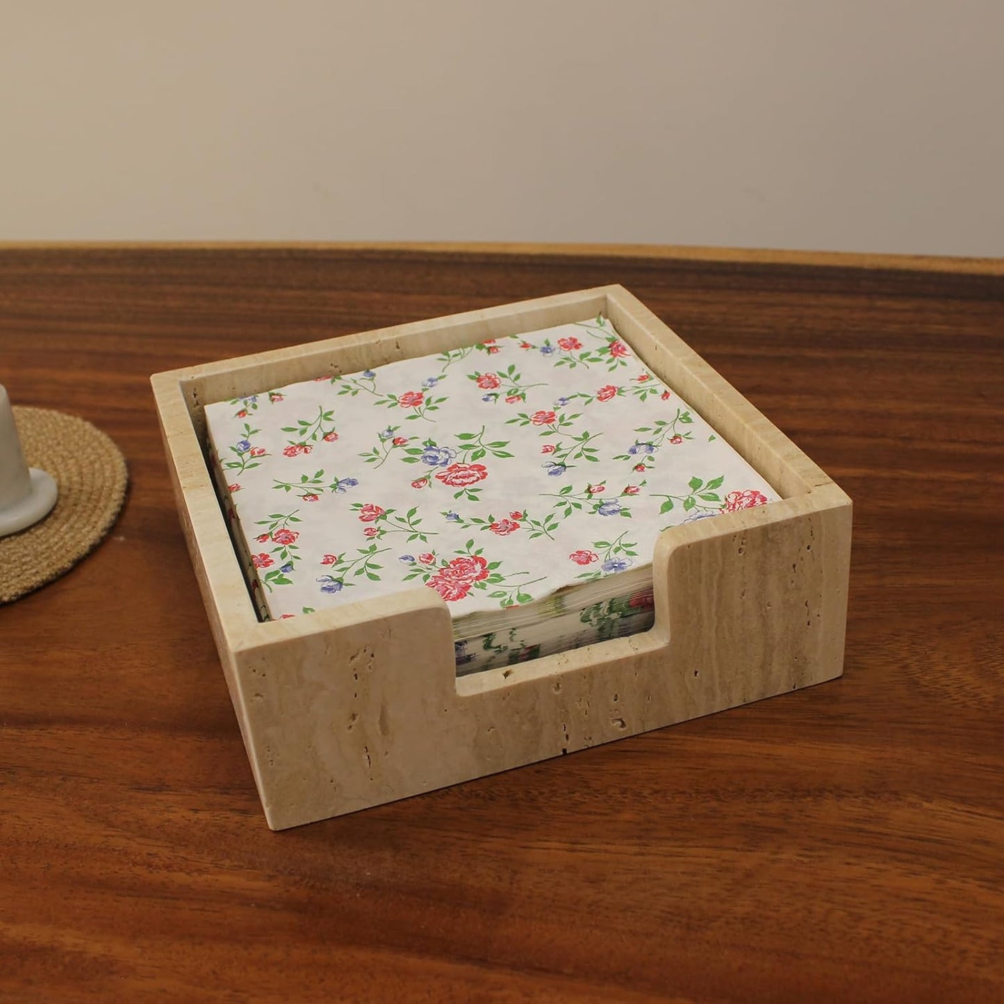 Travertine Luncheon Napkin Holder 7.5" x 7.5" x 2.76" for Table, Cocktail Napkin Tray for Restaurant/Kitchen