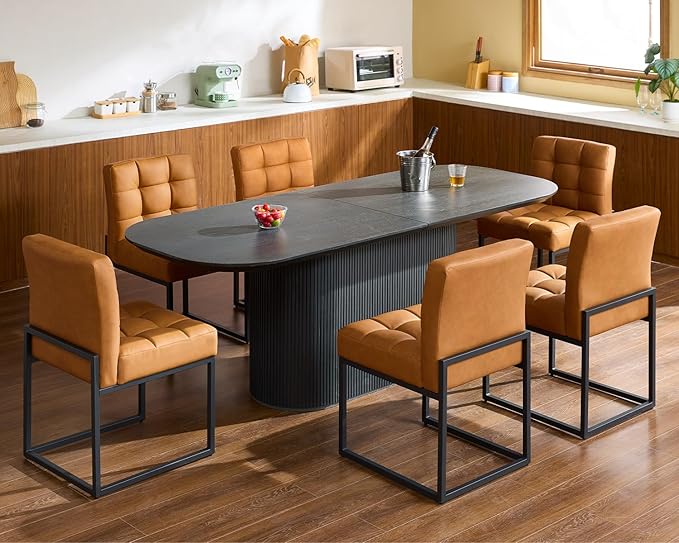 Brown Faux Leather Dining Chairs Set of 4, Mid-Century Modern Dining Room Chairs with Armless, Checkered Kitchen Chair with Metal Legs