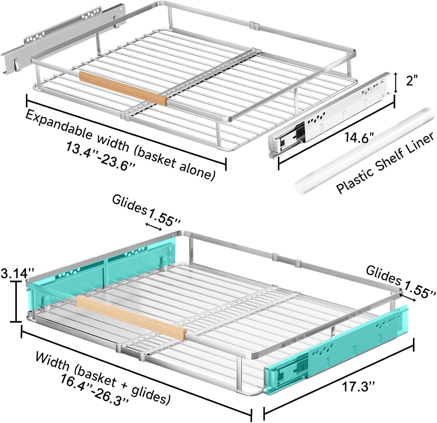 1Pack Expandable Pull Out Cabinet Organizer, Slide Out Drawers for Kitchen Cabinets, Heavy Duty Drawer Slides for Home Kitchen Pantry Cupboard Pots Pans, Adjustable Width 16.2"~26.2" W x 17.3''D
