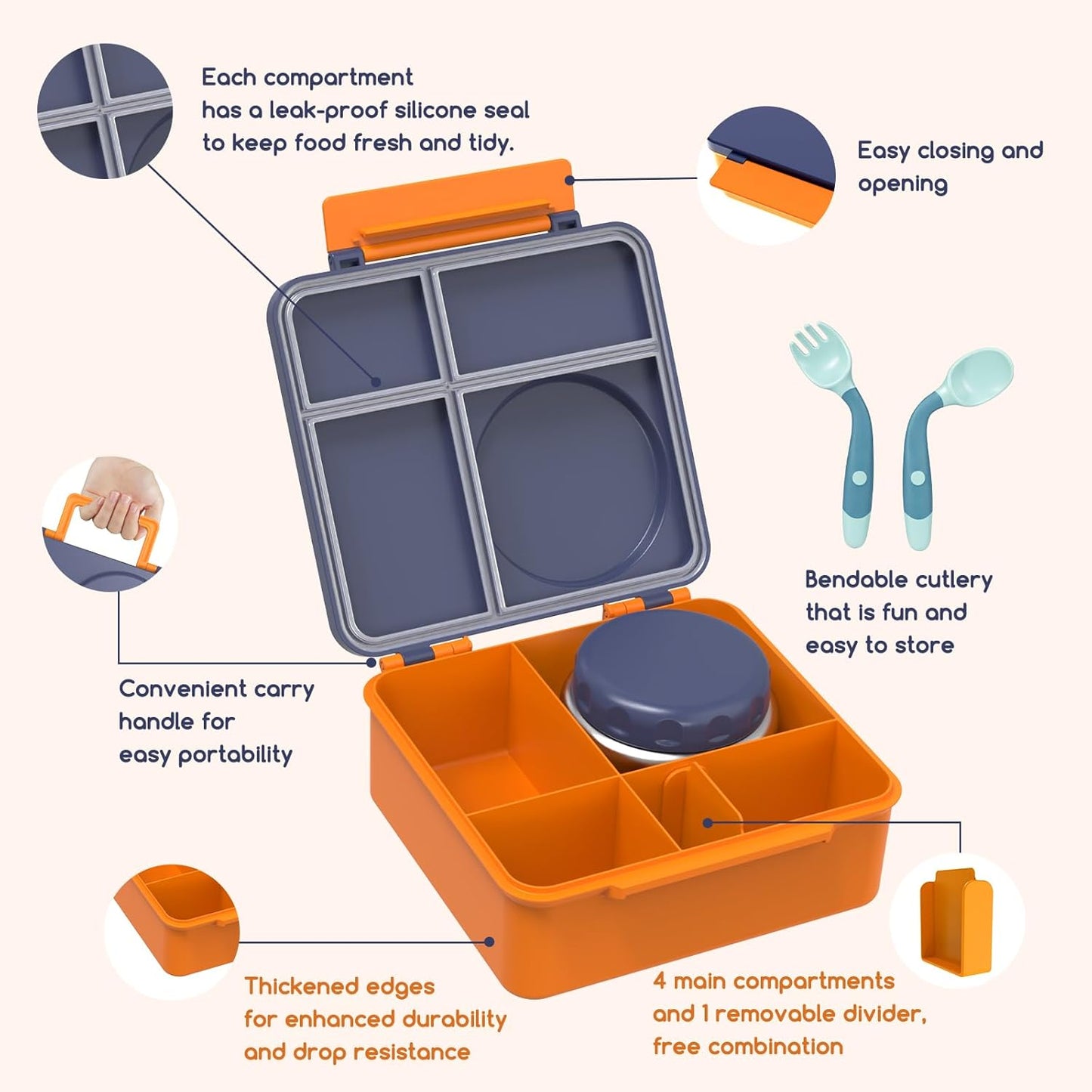 Bento Box for Kids - Leak-Proof Lunch Box with Insulated Thermos Food Jar - 4 Compartments, 1 Removable Divider, 1Spoon, 1 Fork - Dishwasher Safe, BPA-Free (Navy blue)