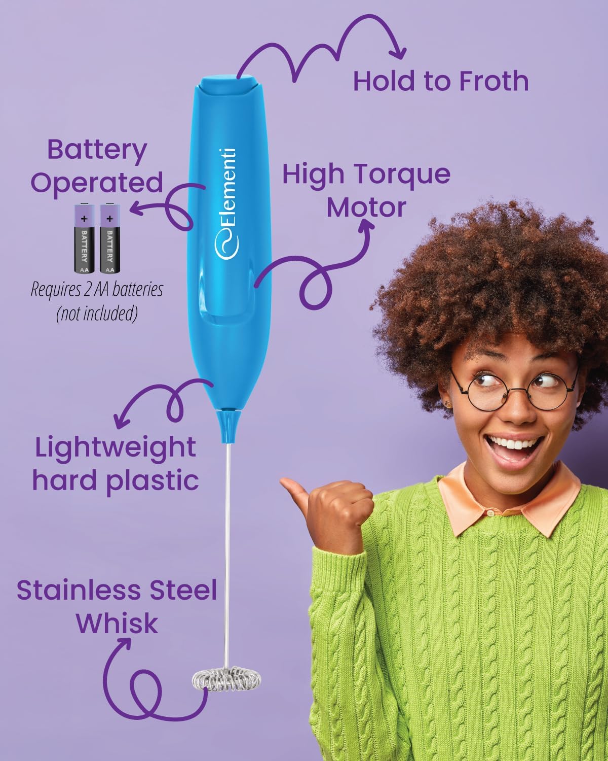 Elementi Powerful Frother Wand – Lightweight Milk Frother & Drink Mixer Handheld, Matcha Whisk for Dreamy Lattes, Powerful Coffee Mixer Wand & Blender Stirrer - Make Creamy Cappuccinos (Electric Blue)