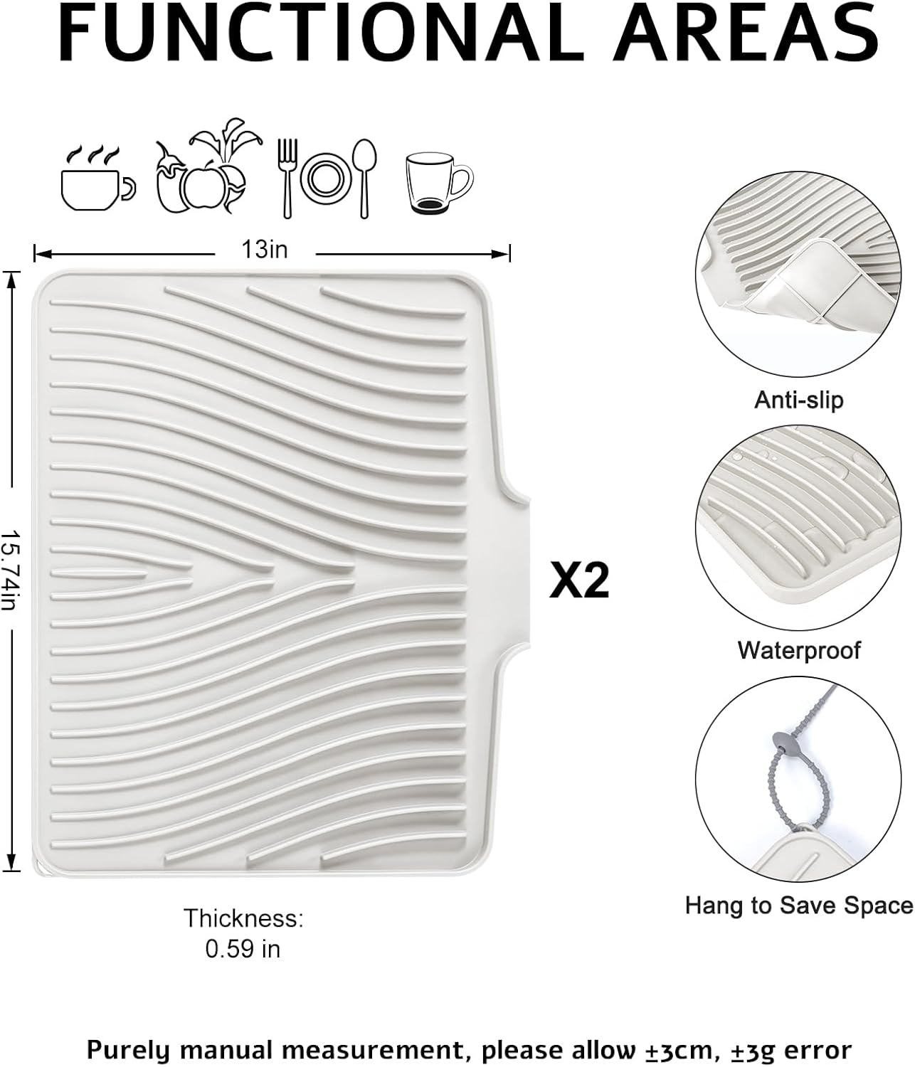 Dish Drying Mat, Stone Drying Mat for Kitchen Counter with Built-in Drain, Non-Slip Drying Matt Kitchen Counter, Heat Resistant Silicone Drying Mat, Dish Drying Pad, 2 Pcs(15.8"X 13", Cream)