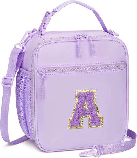 Initial Insulated Lunch Bag for Girls Kids, Back to School Gift, Reusable Leak-proof Lunch Box with Adjustable Strap for School Daycare Travel Picnic (Purple,A)