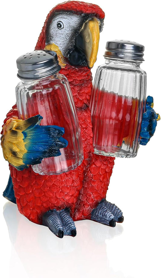 Farmhouse Style Spice Dispenser Shaker Holder - Salt And Pepper Dispenser with Resin Parrot Figurine And Statues Holder - Kitchen DéCor with Glass Spice Jars