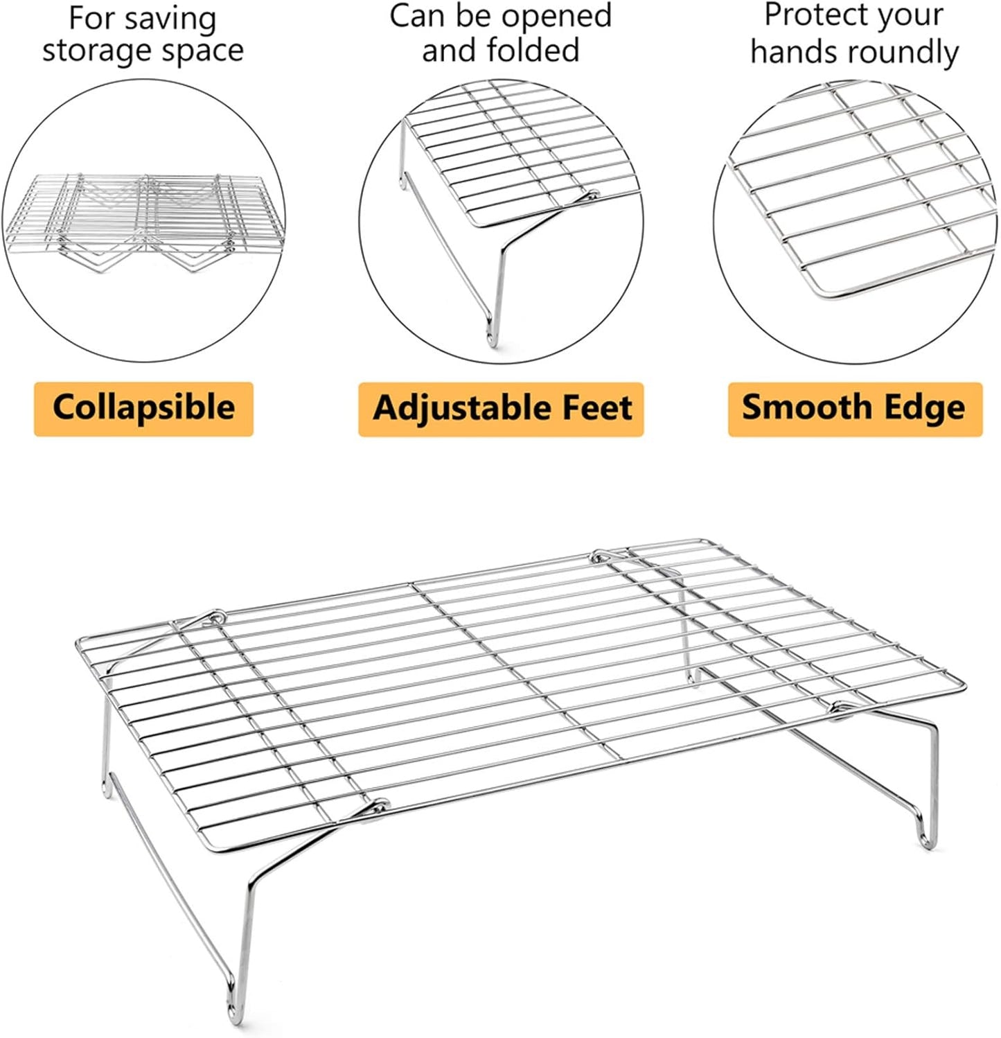 P&P CHEF 4-Tier Cooling Rack Set, Stainless Steel Stackable Baking Cooking Racks for Cooling Roasting Cooking, Raised & Folding Feet, Oven Safe & Easy Clean, 15" x 10", Silver