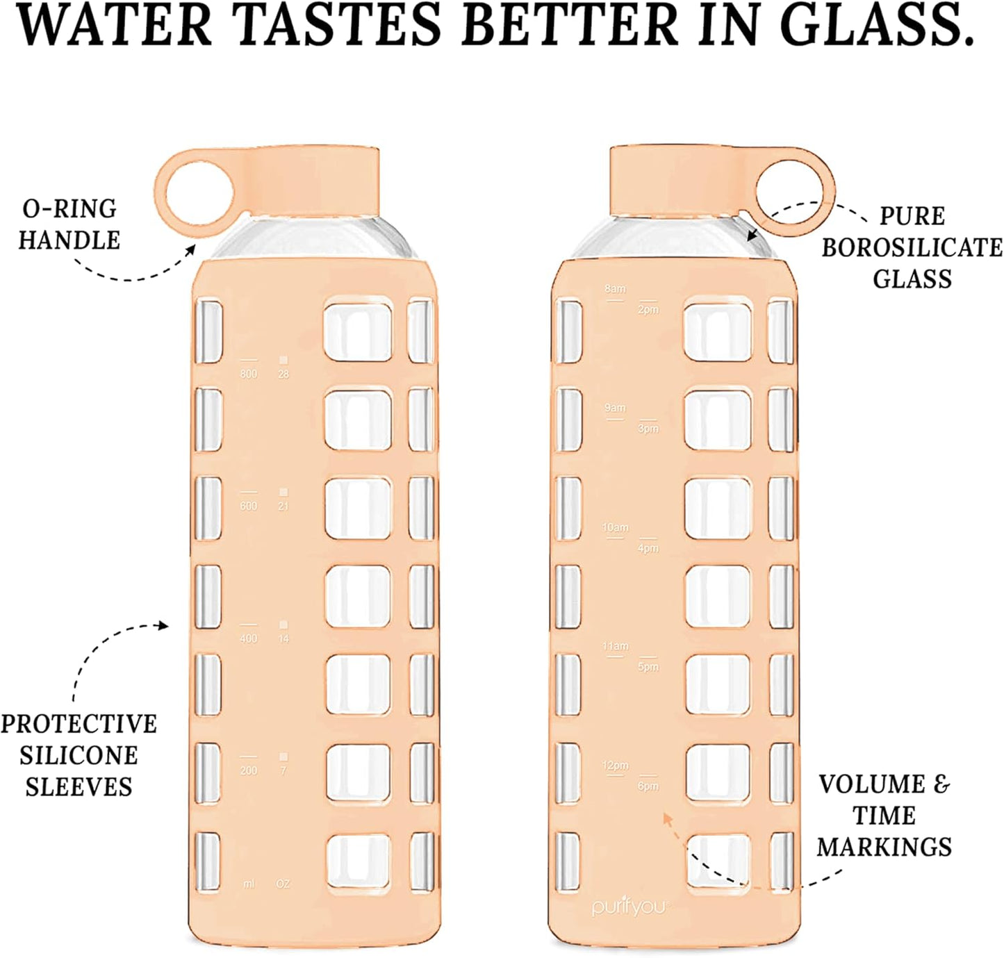 purifyou 40oz / 32oz / 22oz / 12oz Borosilicate Glass Water Bottle with Time & Volume Markers, Silicone Sleeve, Stainless Steel Lid – Reusable Glass Bottle for Water & Juice (40oz Hazelnut)