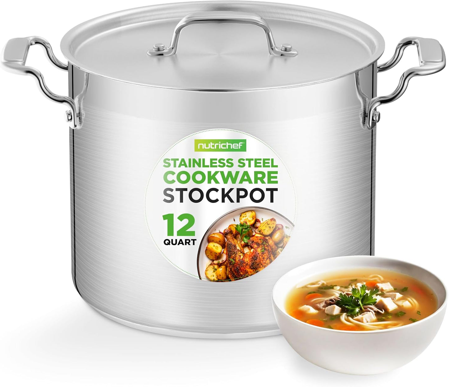 NutriChef 12-Quart Stainless Steel Stockpot with Stainless Steel Lid - 18/8 Food Grade Heavy Duty Large Stock Pot for Stew & Soup, Works w/Induction