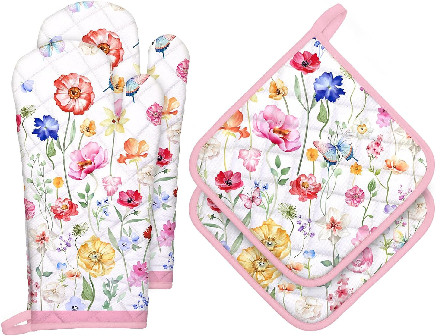 Wildflower Oven Mitts and Pot Holders Sets 4Pcs, 100% Cotton Heat Resistant, Extra Long Oven Gloves Potholder for Kitchen Cooking Baking Decoration