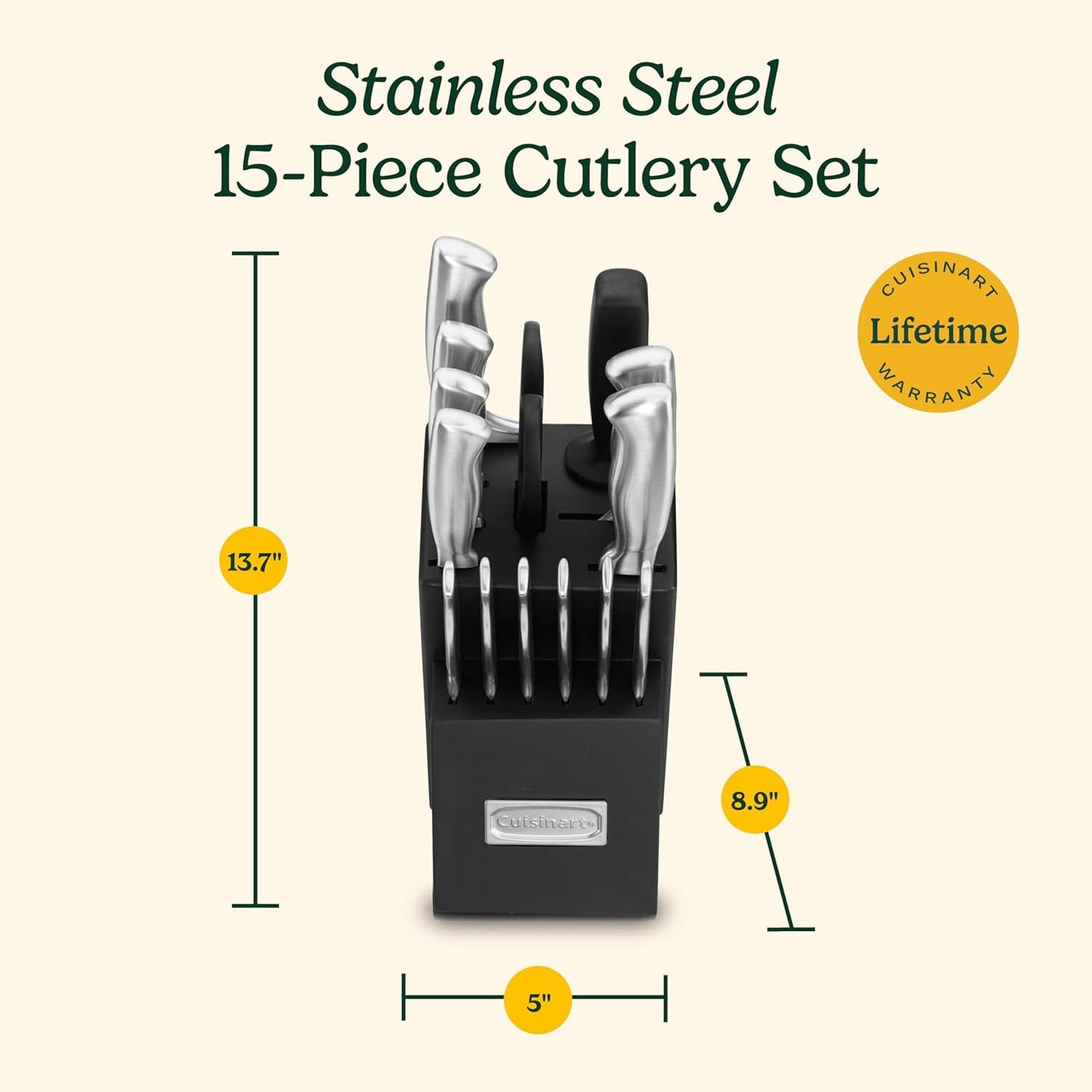 Cuisinart Stainless Steel Hollow Handle 15-Piece Cutlery Block Set, Kitchen Knife Set with Steel Blades for Precise Cutting, Durable Knives with Ergonomic Handles, C77SS-15PK