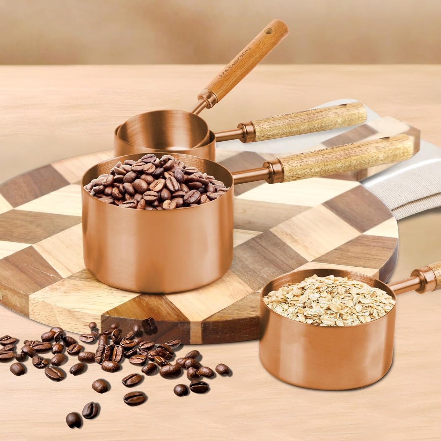 Copper Stainless Steel Measuring Cups and Spoons Set,8 Piece Measuring Cup Set with Wooden Handle and Metric and US Measurements，Copper Polished Finish，for Cooking and Baking in The Kitchen