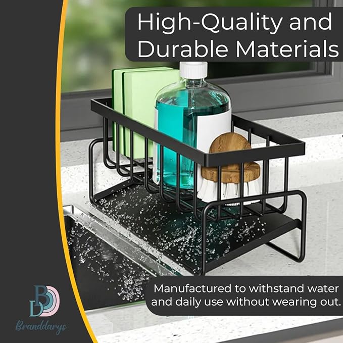 Cisily Black Sponge Holder for Kitchen Sink – Rustproof 304 Stainless Steel Sink Caddy Organizer with High Brush Holder – Kitchen Countertop Storage for Sponges, Soap & Dispensers