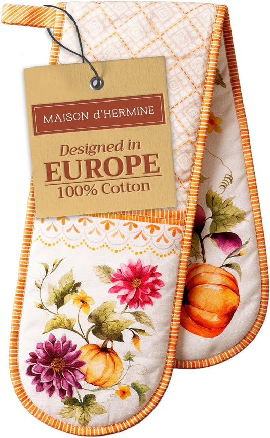 Maison d' Hermine Double Oven Mitts 100% Cotton 7"x35" Double Oven Mitt Heat Resistant BBQ Cooking Gloves with Loop, Baking, Grilling, Home, Kitchen, Handling Hot Pans (Pumpkin Garden - Cloudy Cream)