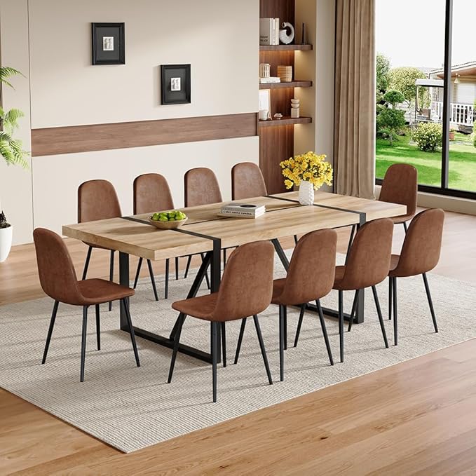 86.6" Dining Table Set for 10, Modern 11 Piece Wood Kitchen Table and Chairs Set, Large Rectangle Dining Table with 10 Suede Upholstered Chairs, Perfect for Family Gatherings and Dining Room