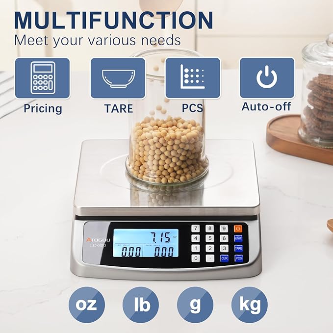 110lb Food Scale, Commercial Kitchen Scale with Price Computing, Plug-in Usable, 0.05oz/1g, 304 Stainless Steel, for Cooking, Vegetables, Farm, Industry, Counting. LC300 Grey