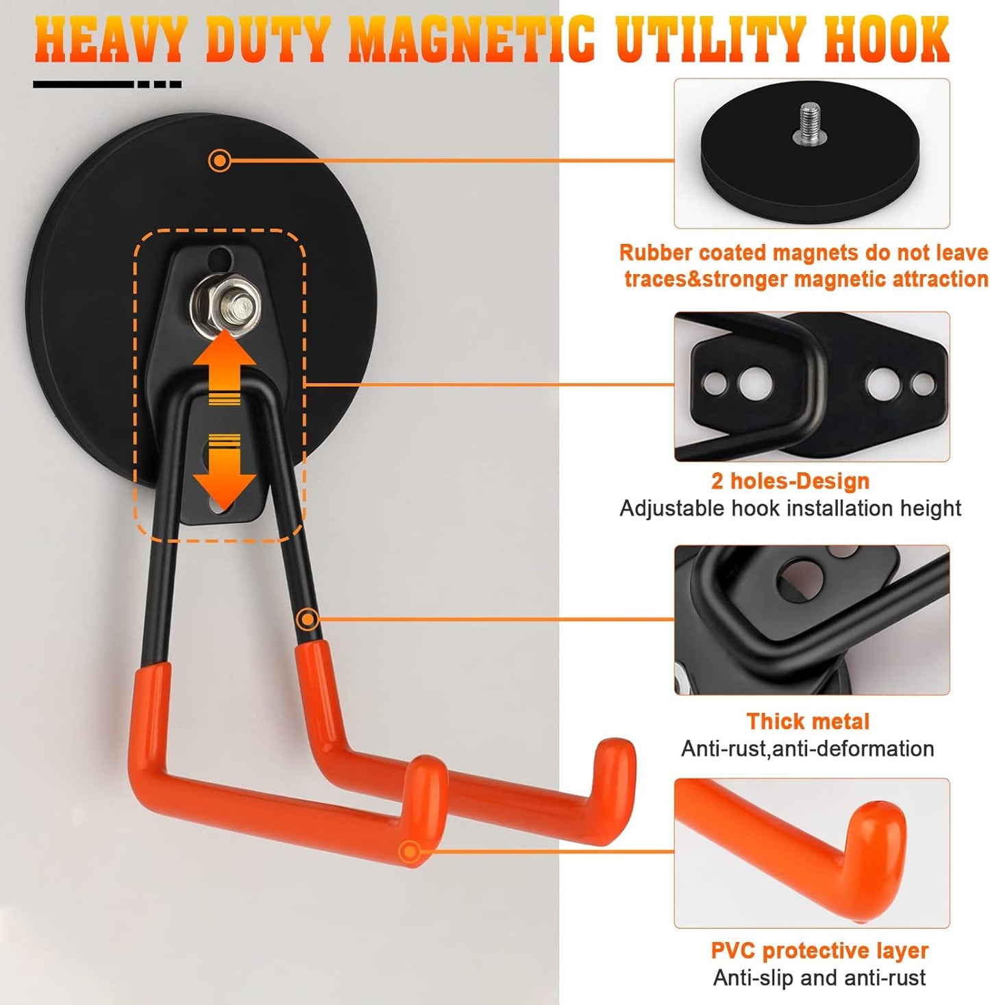 Large Magnetic Hooks Heavy Duty Magnetic Garage Hook,2 Pack Magnet Hooks with Anti-Slip Coating, Strong Storage Utility Magnetic Hook fo Metal Cabinet,Pegboard,Garage Shelve,Garden Tools(Orange,L)