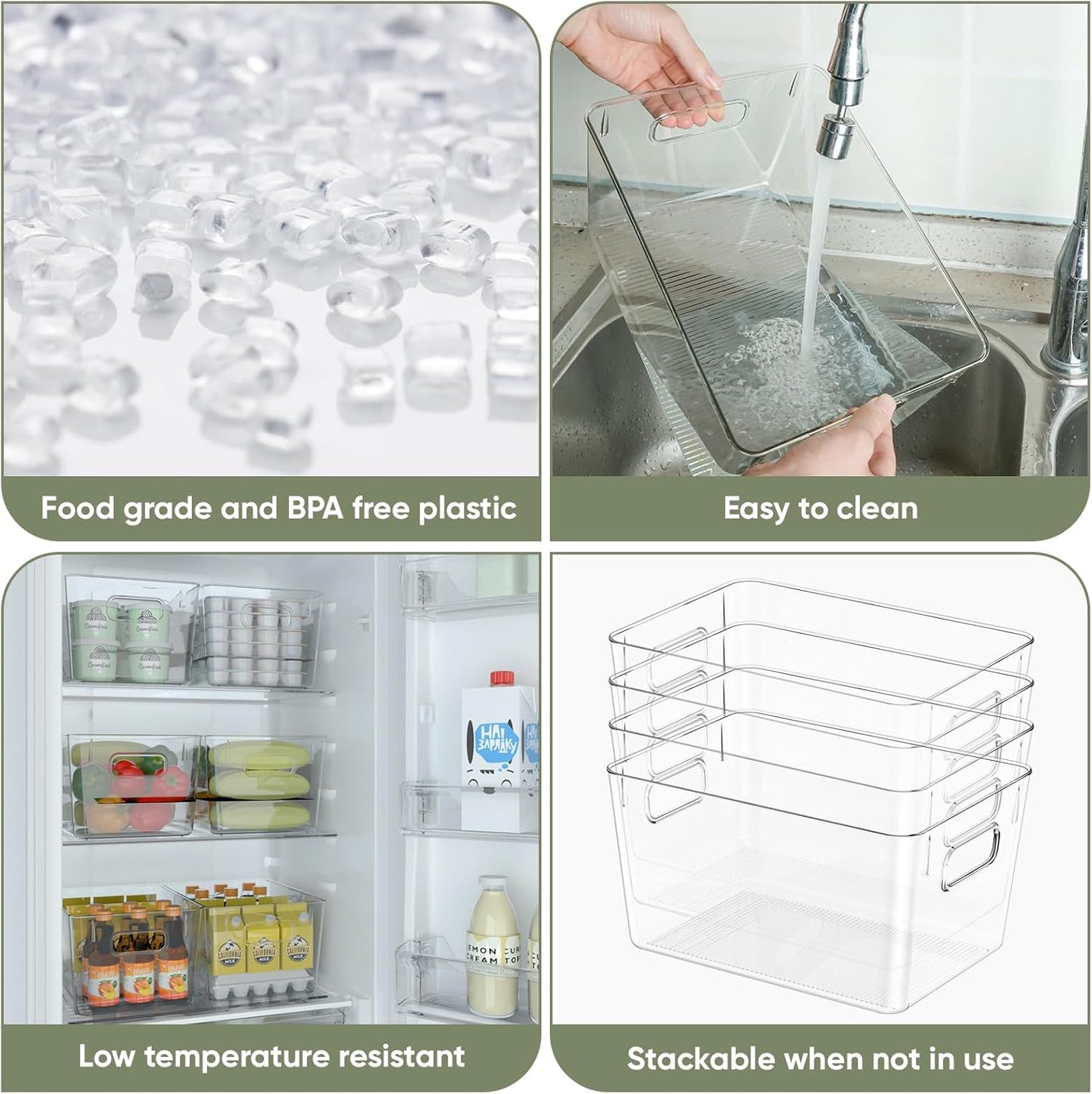 BALEINE Clear Plastic Storage Bins, Pantry Organization, BPA Free Stackable Refrigerator Organizers and Storage with Handles for Kitchen Fridge Cabinet Bathroom (6PK, 11x7.5x6)