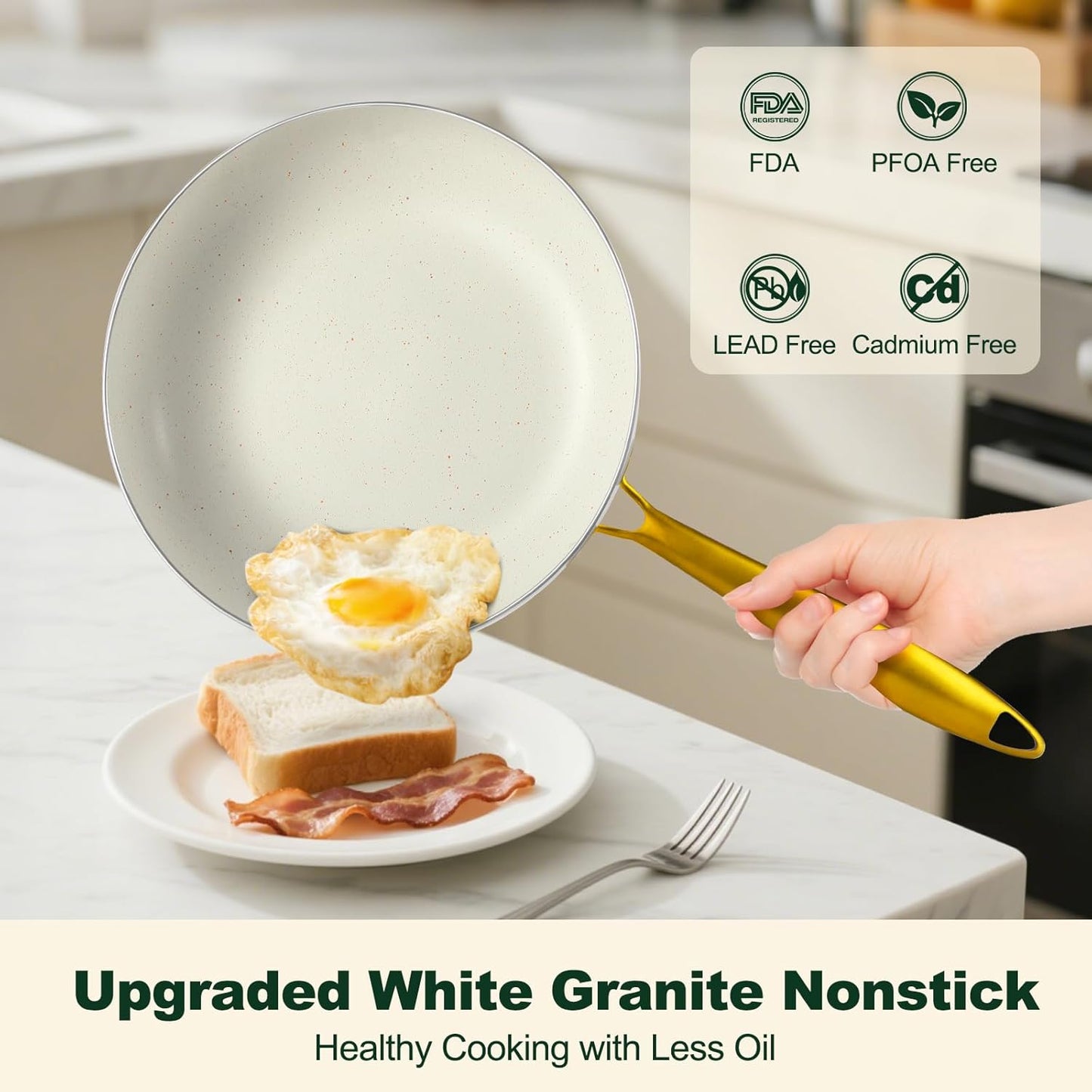 Pots and Pans Set Non Stick, 7 Piece White Granite Induction Cookware Set, Nonstick Kitchen Cooking Set with Gold Handle and Utensil, Oven Safe (PFOS, PFOA Free)