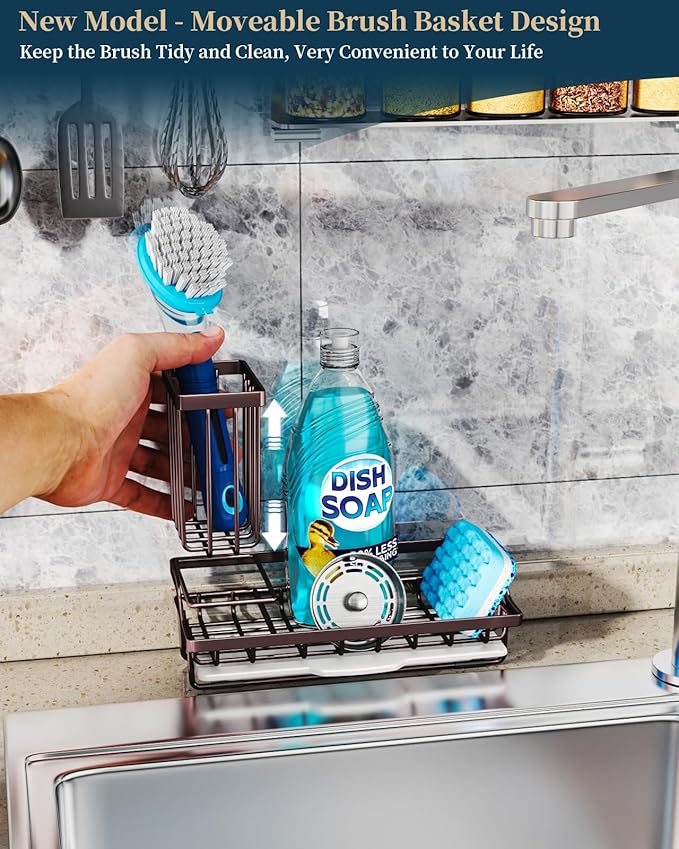 Consumest Sink Caddy Kitchen Organizer, Sponge Holder for Kitchen Sink with Removable Drip Tray for Countertop Dish Soap Holder Dispenser Brush Holder, 304 Stainless Steel - Bronze