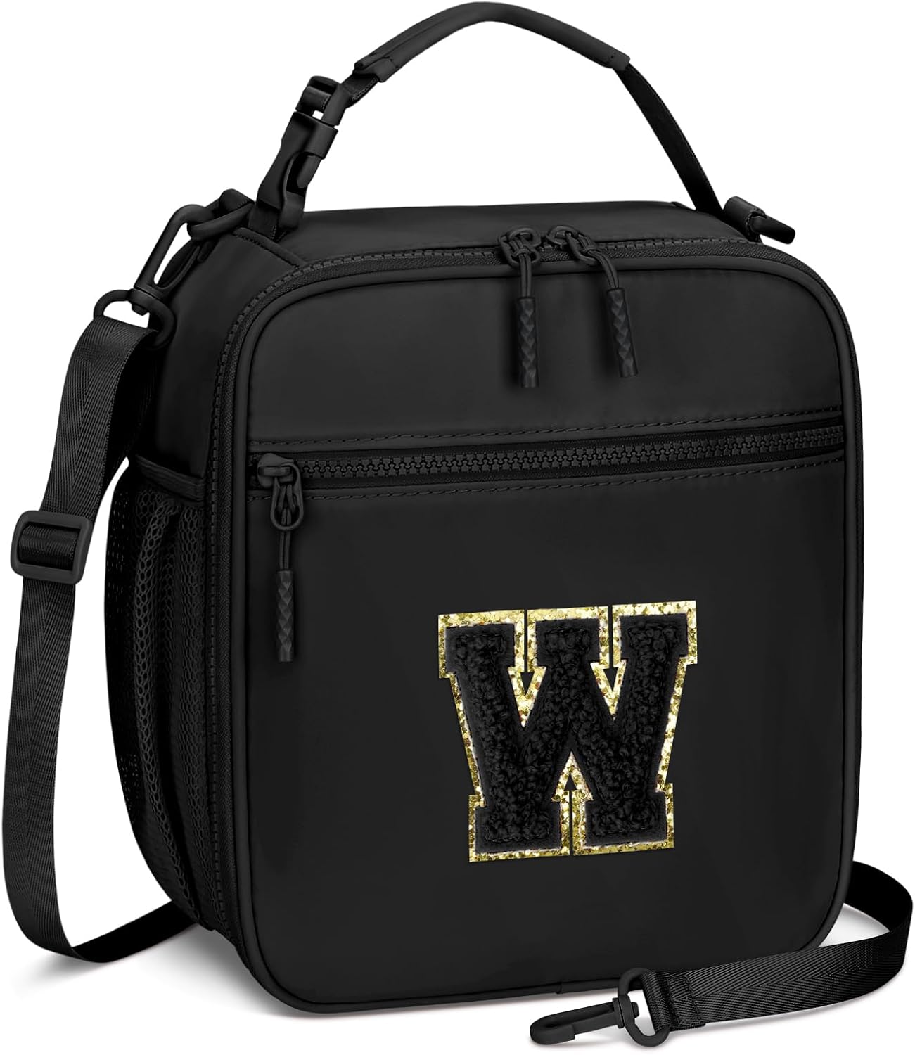 Initial Insulated Lunch Bag for Boys Kids, Back to School Gift, Reusable Leak-proof Lunch Box with Adjustable Strap for School Daycare Travel Picnic（Black，W）