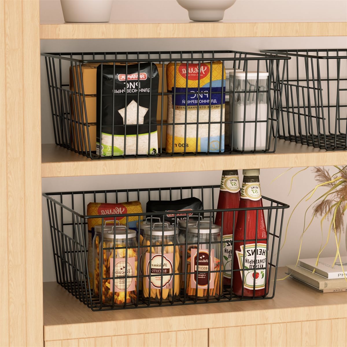 SANNO Freezer Baskets Metal Storage Organizer Bin Basket Wire Storage Basket for Kitchen Pantry Bathroom Large Metal Farmhouse Food Fruit Produce Organizer Bins,black,2