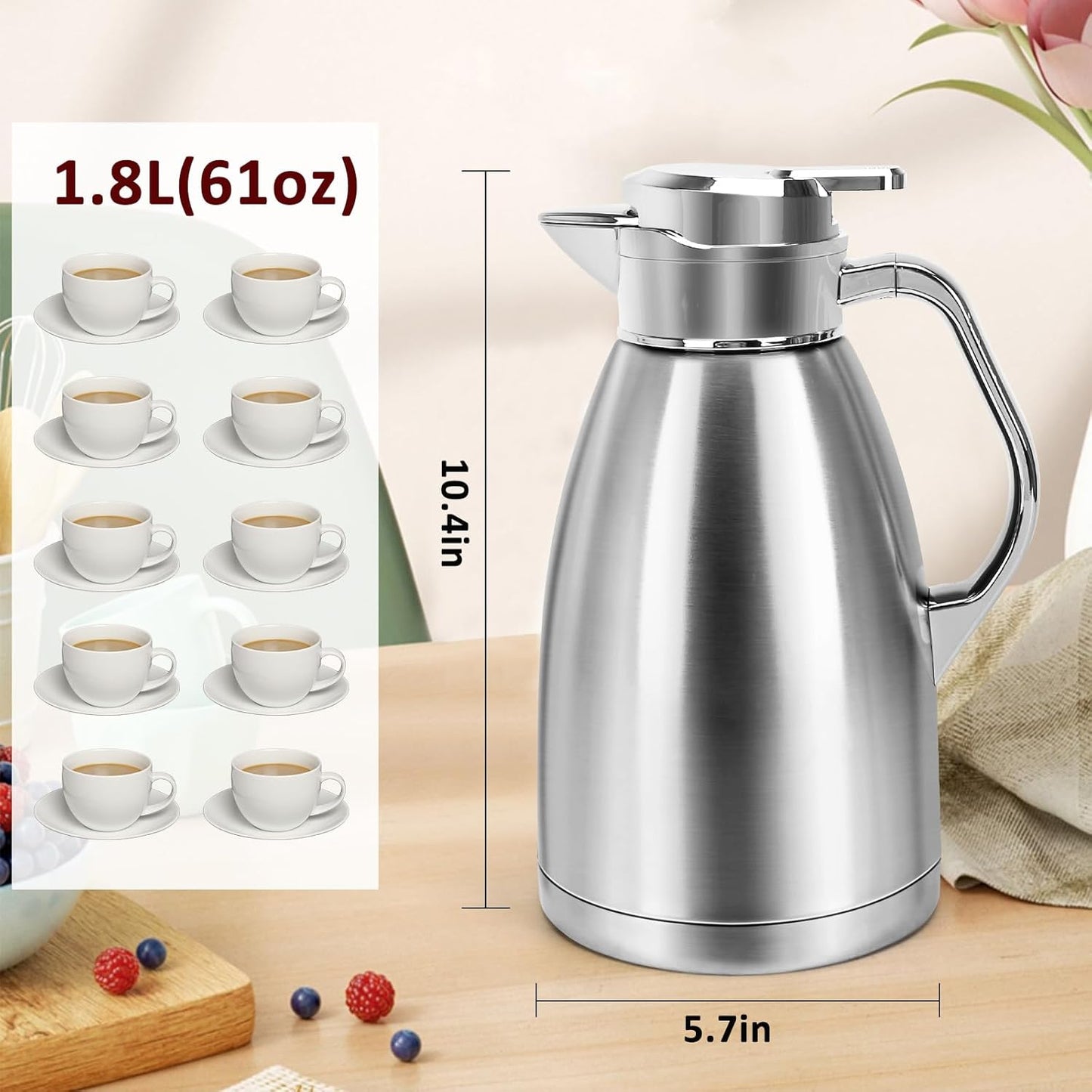 Coffee Carafes for Keeping Hot, ShineMe Stainless Steel Thermal Coffee Carafe with Cleaning Brush, Double Walled Vacuum Coffee Pot，61oz Insulated Tea & Coffee Dispenser, Long Heat/Cold Retention