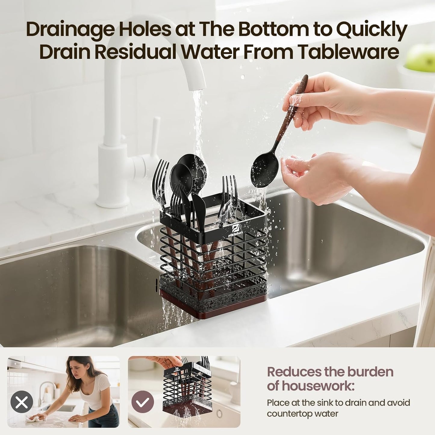 Extra Large Utensil Holder for Kitchen Counter, Matte Black Metal Cooking Utensil Caddy Organizer with Wooden Draining Base, Countertop Spatula Cutlery Storage with Silicone Dish Drying Mat