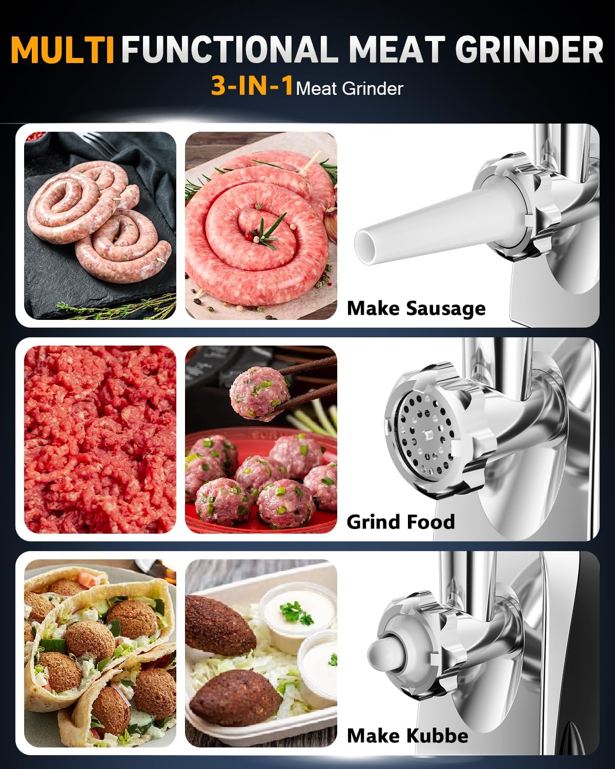 Electric Meat Grinder: [3000W Superior Motor] [Exquisite Box] Meat Grinder with 6 PCS Stainless Steel Blades & Grinding Plates, Sausage Stuffer Tubes & Kubbe Kit Portable Handle for Gift (Black)
