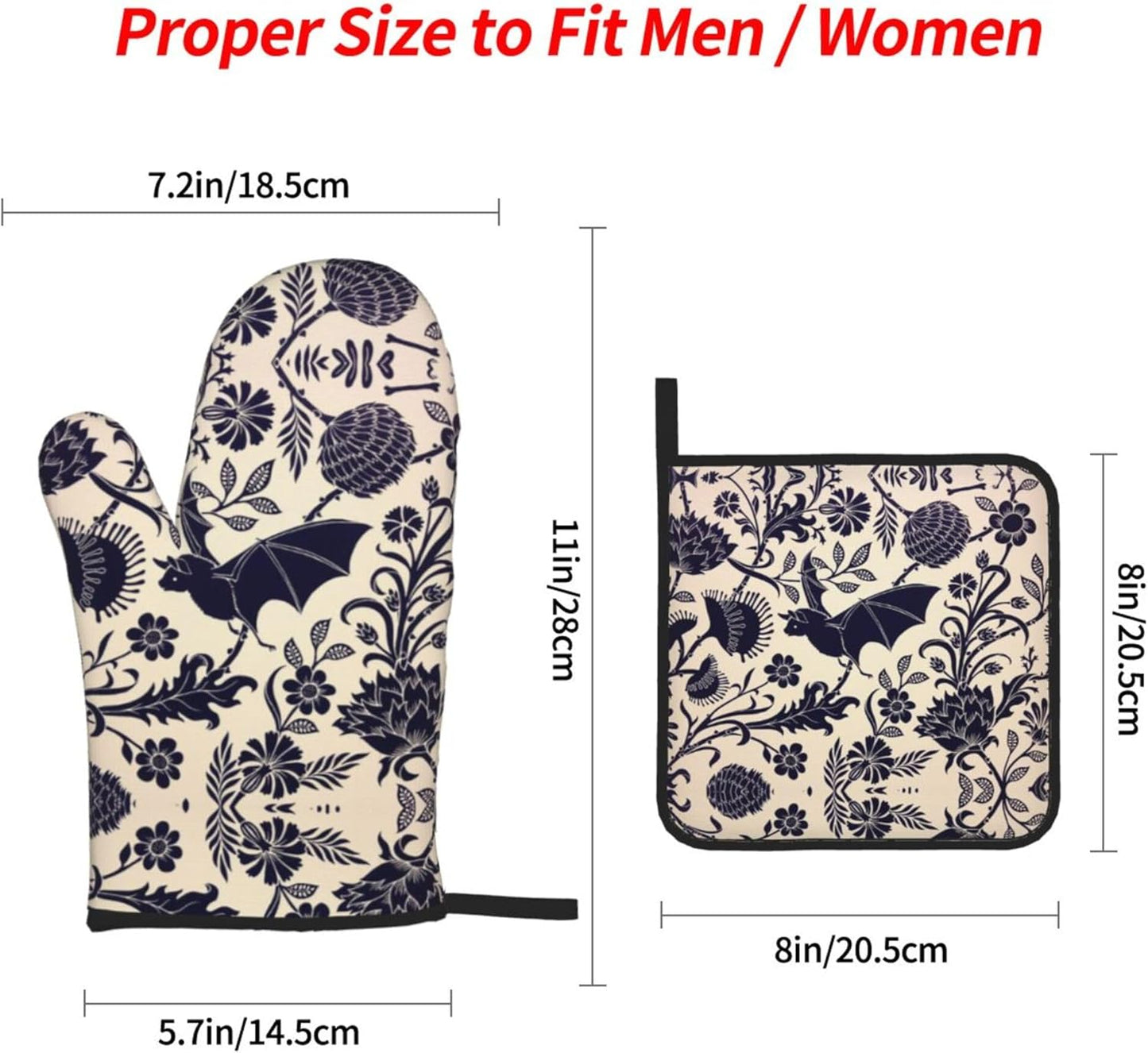 Bats and Flower Oven Mitts and Pot Holders Sets of 4,Resistant Hot Pads with Polyester Non-Slip BBQ Gloves for Kitchen,Cooking,Baking,Grilling