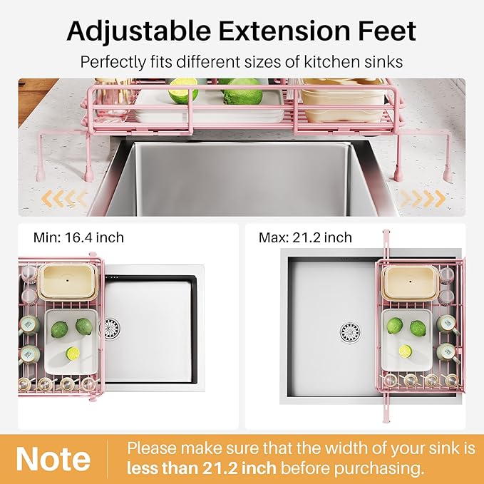 SNTD Dish Drying Rack - Extendable Dish Rack, Large Sink Drying Dish Drainer for Kitchen Counter, Stainless Steel Dish Strainer with Utensil Holder (Pink)