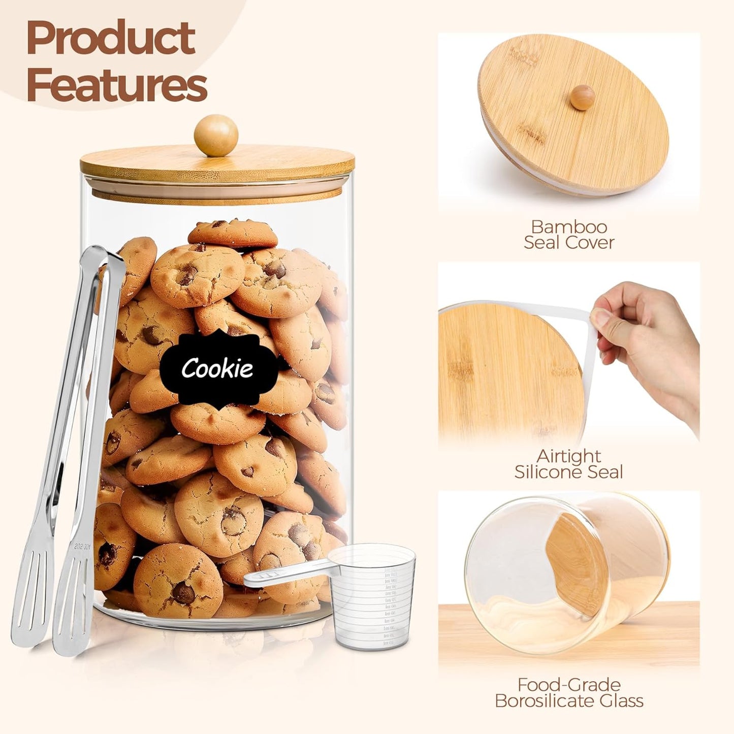 ComSaf 1 Gallon 2PCS flour sugar storage containers, Large Cookie Jar with lid, Glass Canisters with Lids, 128 OZ Food Storage Pantry Container with Spoon and Clip for Pasta, Oat, Baking Supplies