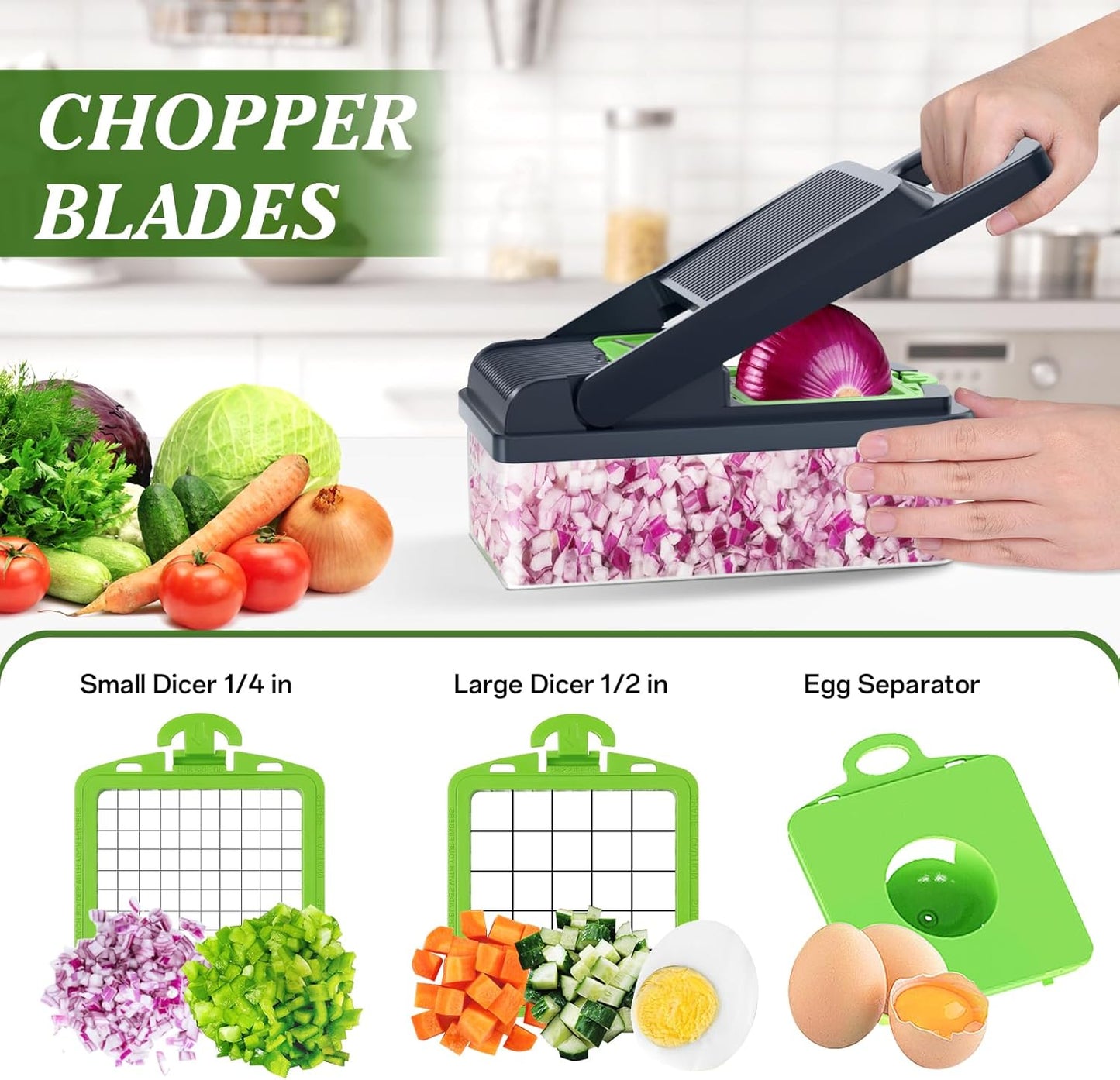 HomeHacks Vegetable Chopper Vegetable Cutter, 12 in 1 Multi-Functional Kitchen Gadget Set - Dicer, Slicer, Cutter, Julience, Cheese Grater, Egg Separator, Hand Guard - Veggie Chopper Lid with Handle
