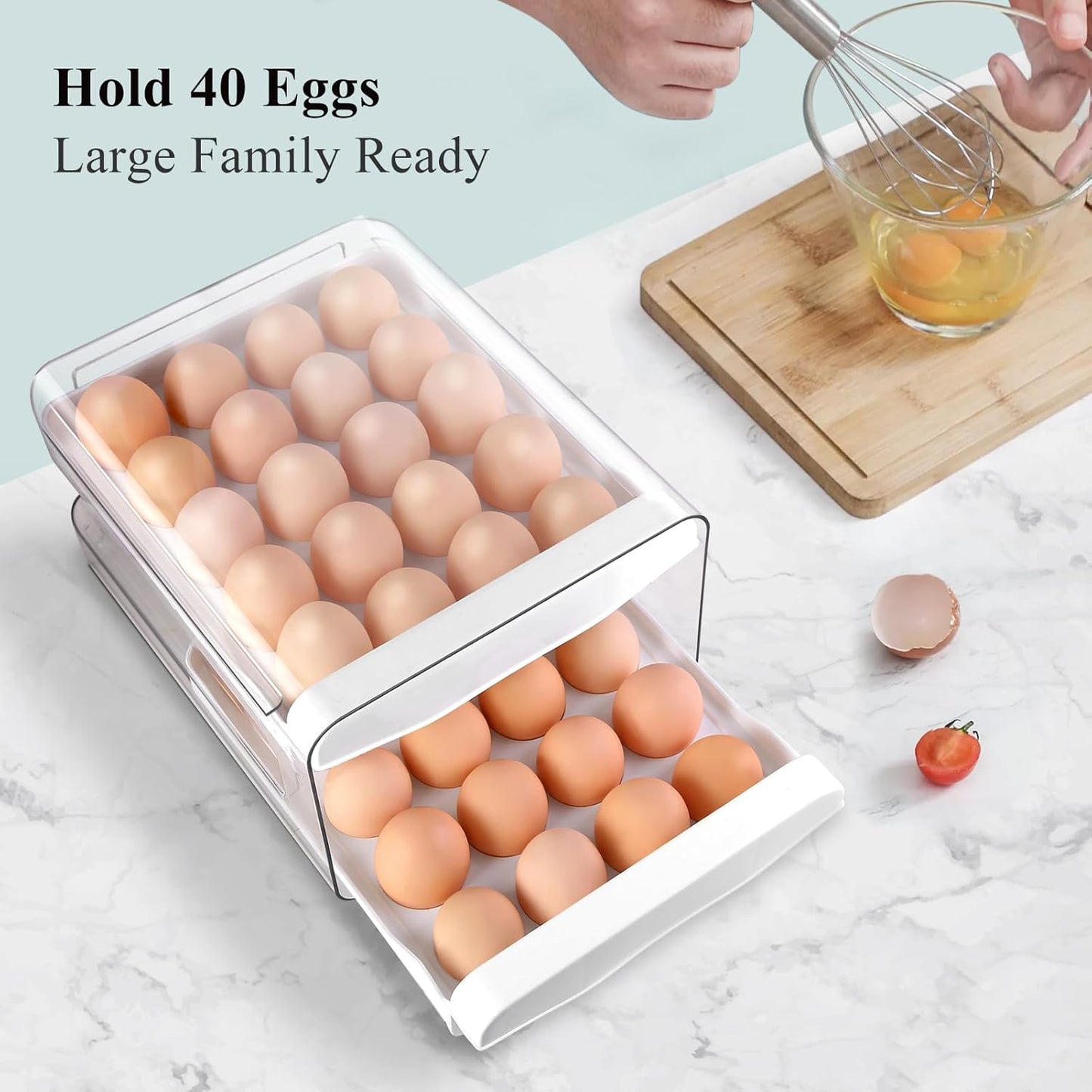 Egg Holder for Fridge, 2-Tier Stackable 40 Eggs Organizer Drawer for Refrigerator, Space-Saving Egg Container, Clear Plastic Egg Tray for Kitchen Storage