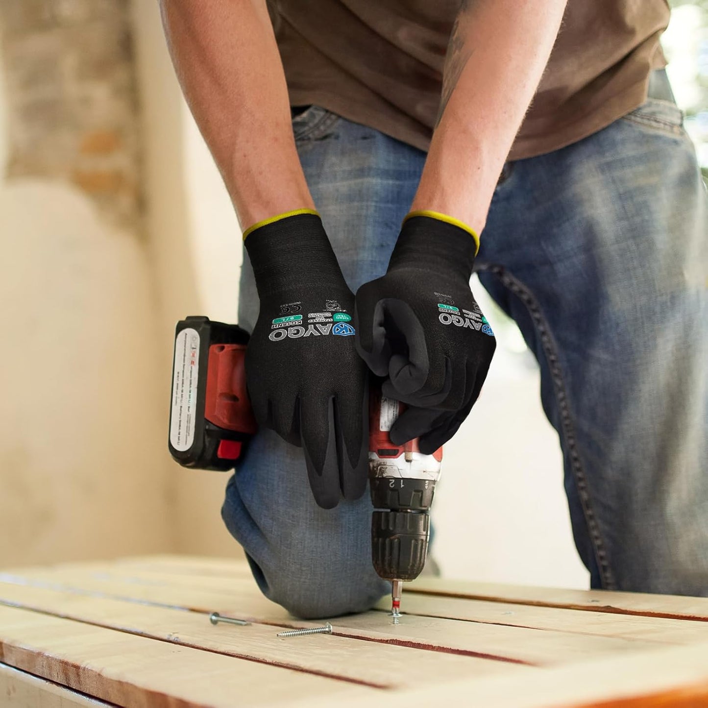 KAYGO Safety Work Gloves MicroFoam Nitrile Coated, 12 Pairs KG18NB,Seamless Knit Nylon Glove with full fingers Touchscreen, Ideal for Automotive,Warehouse,Construction (Small, Black)