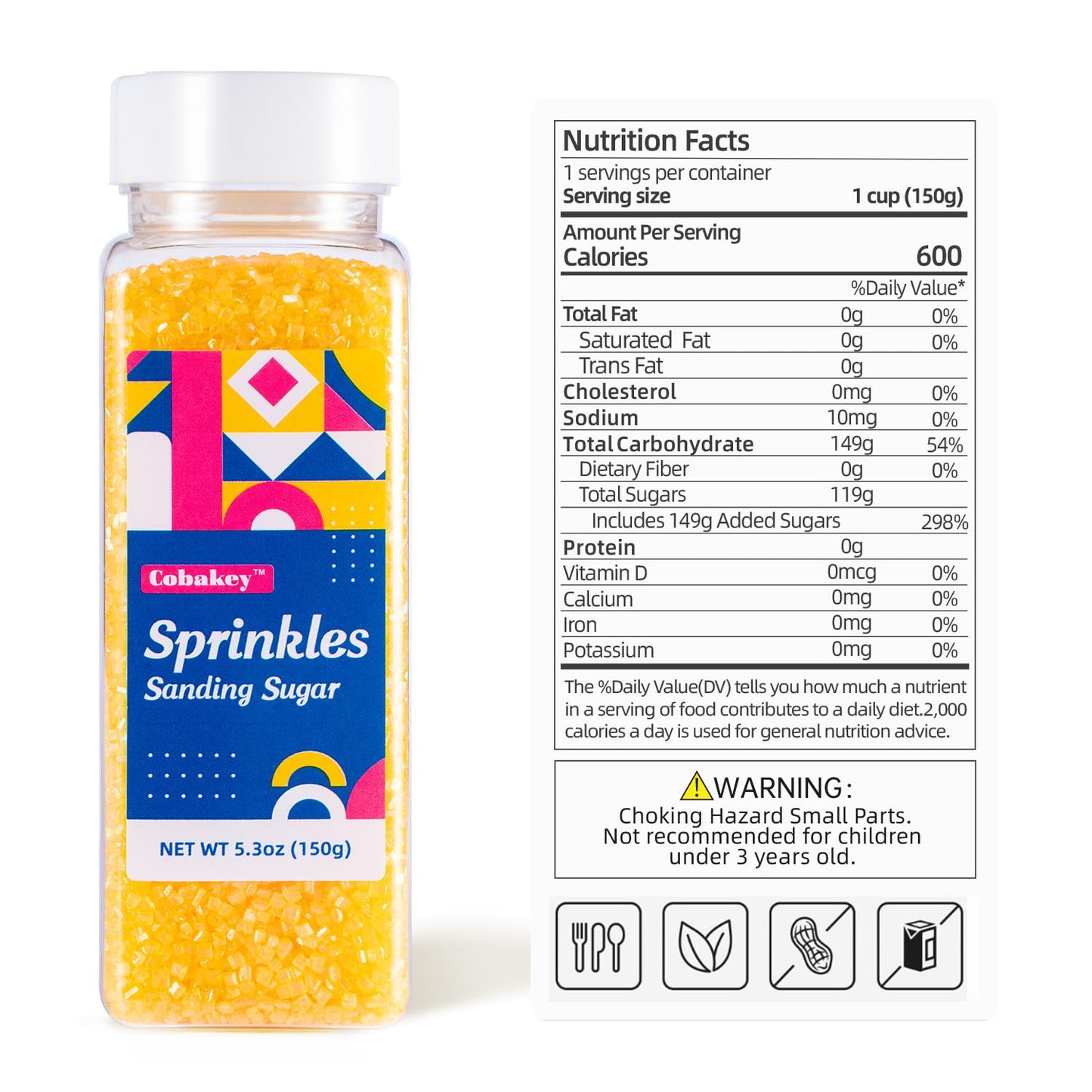 Yellow Sanding Sugar Edible Sugar Sprinkles for Cake Decorating Sparkling Edible Crystal Candy for Easter Wedding Party Baking Cupcake Cookie Ice Cream Decoration Supplies - 5.3 oz
