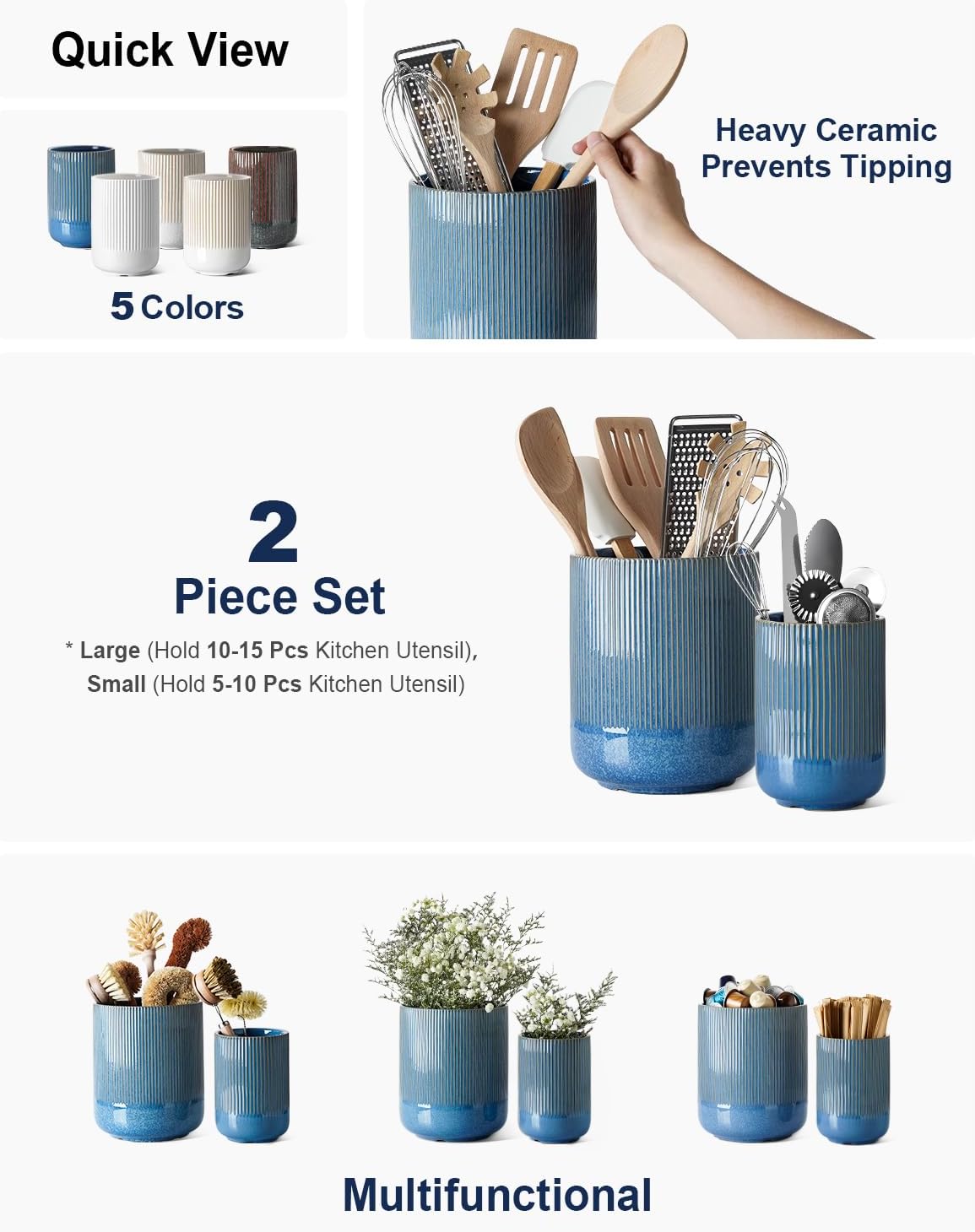 LE TAUCI Utensil Holder, 7.3"+5.4" Ceramic Kitchen Utensil Holder for Countertop, Large Cooking Utensil Crocks Gift for Mother's Day, Costal Ocean Home Kitchen Decor, Set of 2,Glaze Marble Blue