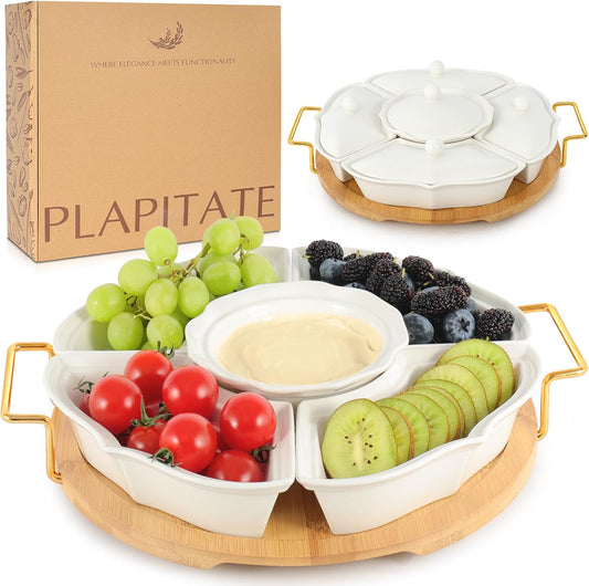 Party Serving Trays and Platters, Ceramic Lazy Susan Serving Tray with Divided Sections Appetizer Rotating Serving Tray for Fruits, Veggies, Chips and Dip Serving Set
