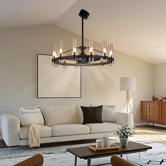 Black Ceiling Fans with 12 Lights Wagon Wheel Chandelier, 38 Inch Modern Farmhouse Fandelier, Quiet 6-Speed Reversible DC Motor, 1/2/4H Remote Timing for Living Room/Bedroom/Kitchen
