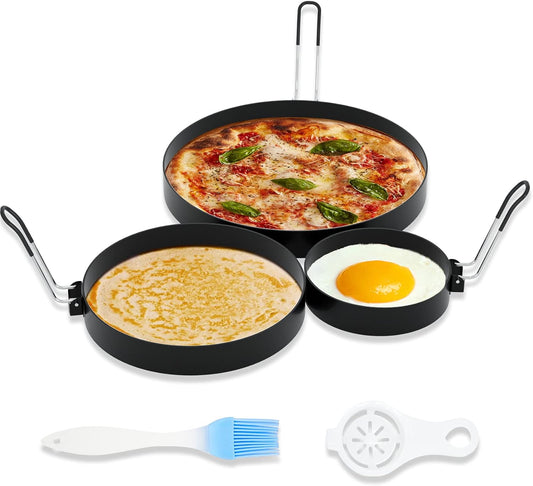 8" Omelet Ring, 6" Pancake Ring, 3.5" Egg Ring for Griddle Frying Eggs (Upgrade Large 3 Pack Stainless Steel Non Stick Round Cooking Rings Molds with Oil Brush and Egg Separator)