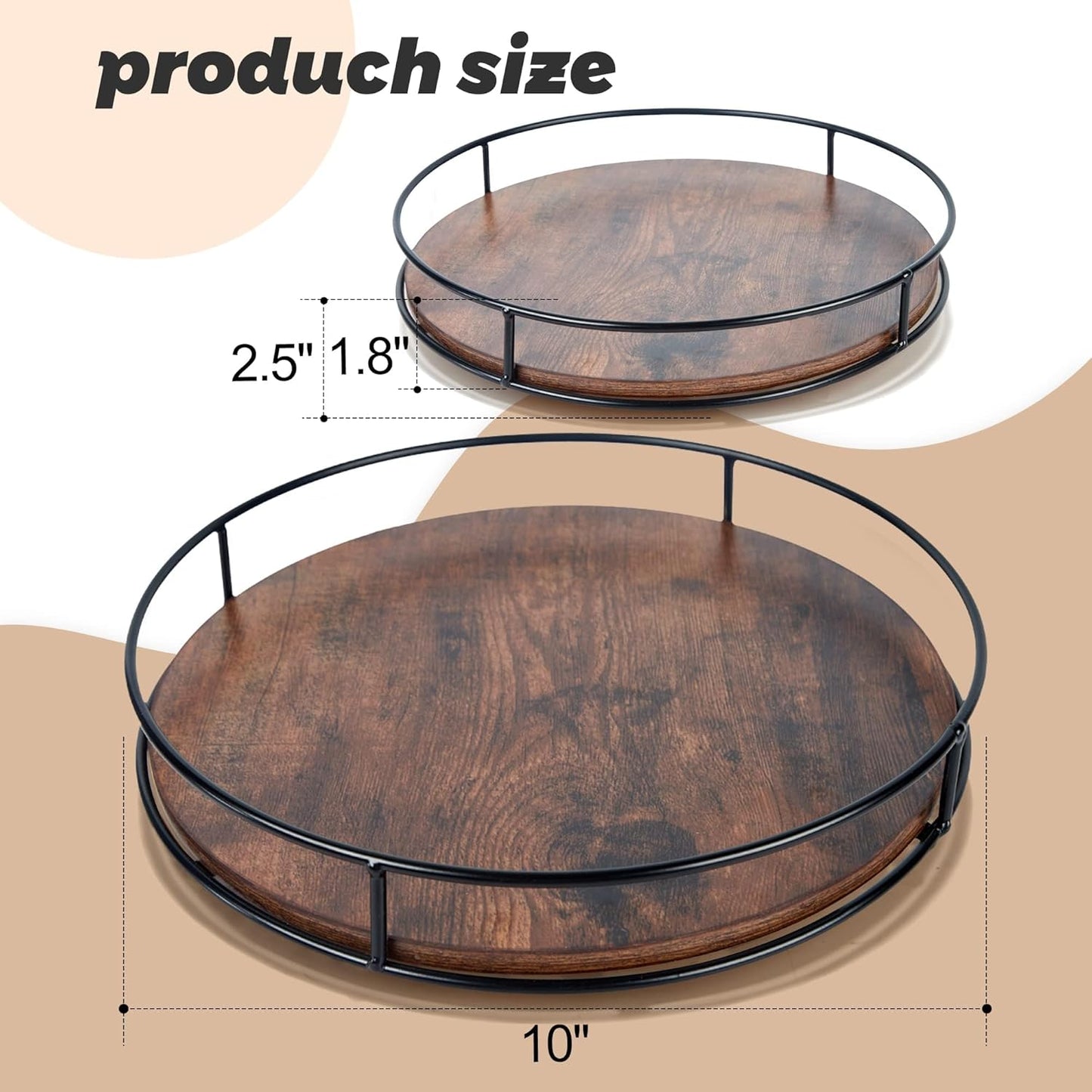 10 Inch Wood Lazy Susan, Rustic Brown Turntable Organizer with Steel Frame, 360 Degree Decorative Turntable for Countertop or Centerpieces