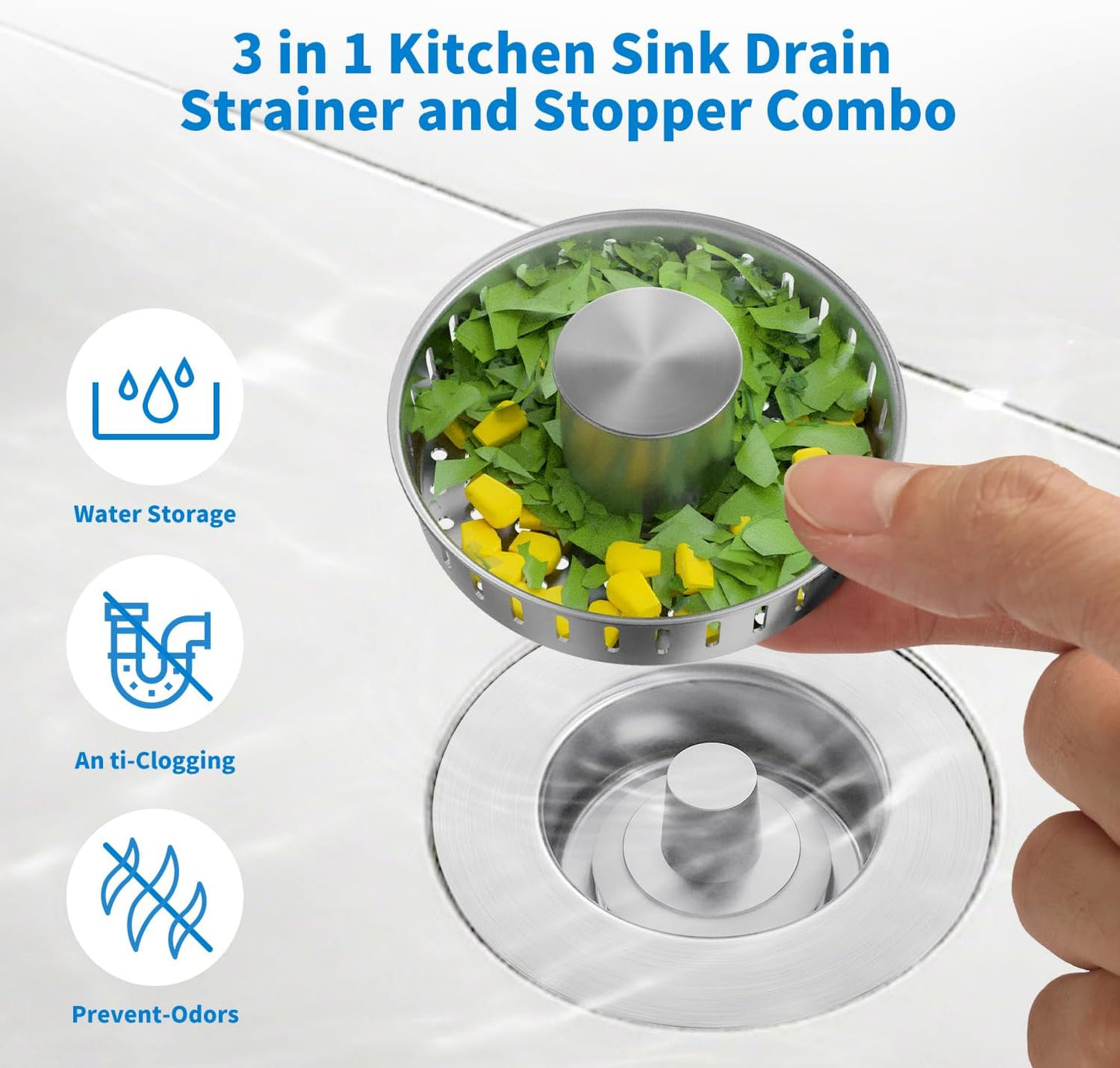 3 in 1 Kitchen Sink Drain Strainer, Upgraded Stainless Steel Sink Stopper Anti-Clogging Pop Up Sink Strainer with Basket Strainer for US Standard 3-1/2" Drain (Silver-1Pcs)