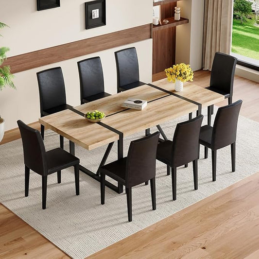 86.6" Dining Table Set for 8, Modern 9 Piece Wood Kitchen Table and Chairs Set, Rectangle Dining Room Table with 8 PU Leather Upholstered Chairs, Ideal for Home, Kitchen, or Apartment Dining