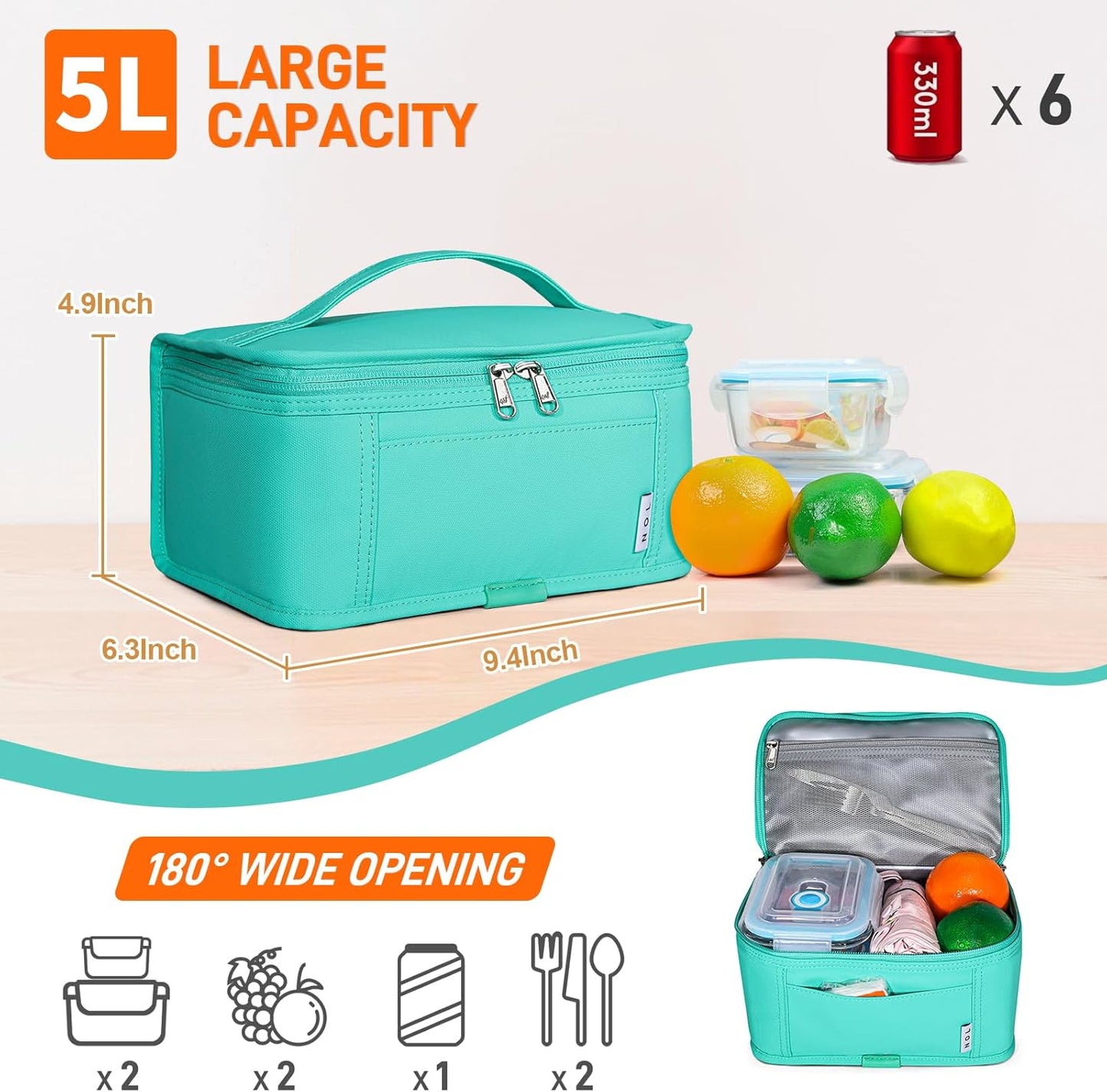 NOL Natural Organic Lifestyle Small Lunch Bag Mini Lunch Box Insulated Lunch Bag for Men/Women Leakproof Cooler Tote Bag Lightweight Nylon Waterproof Lunch Box For Work,Cyan